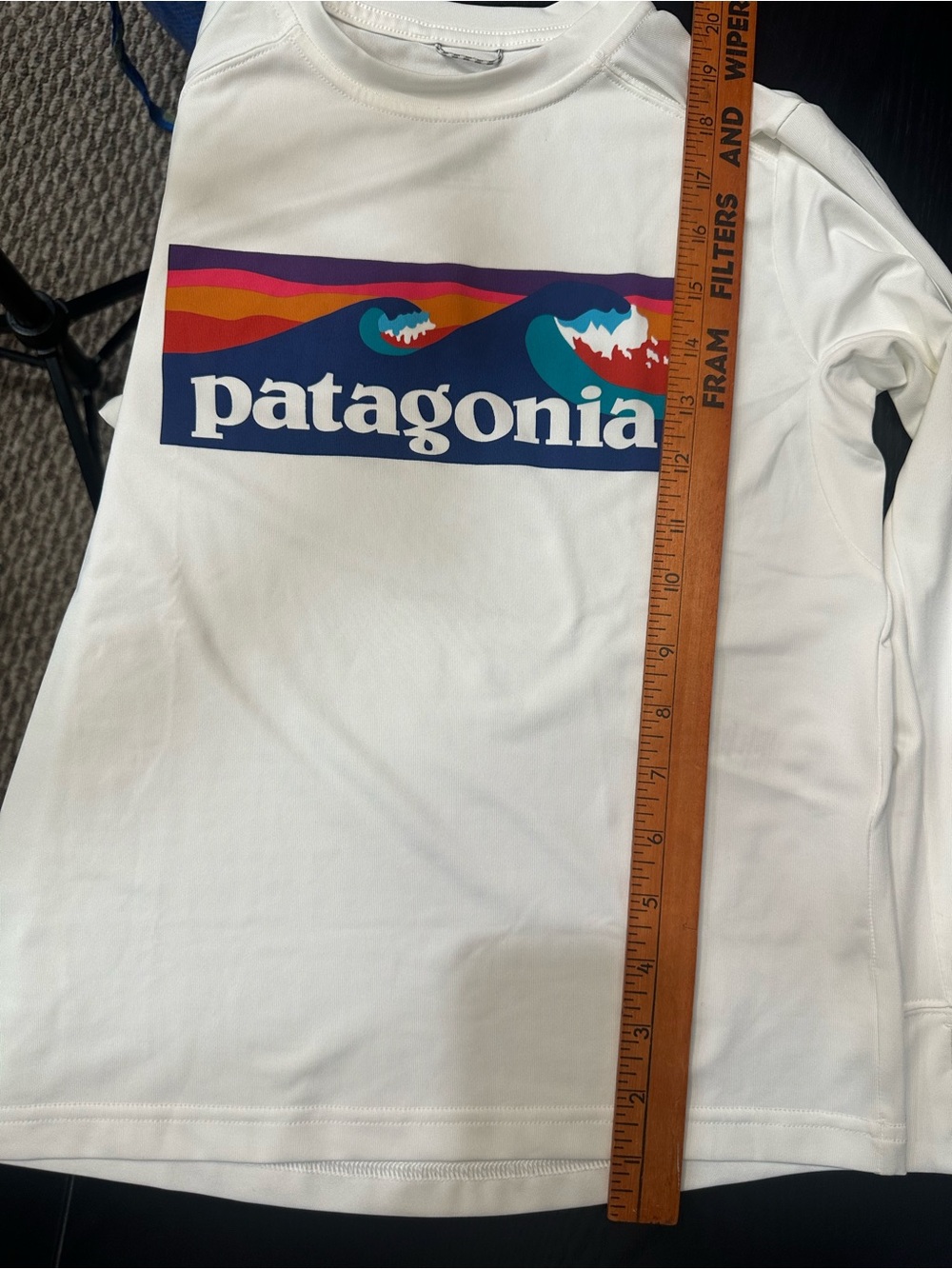 Patagonia White Long Sleeve Tee with Multi-Color Wave Logo - Picture 5 of 6